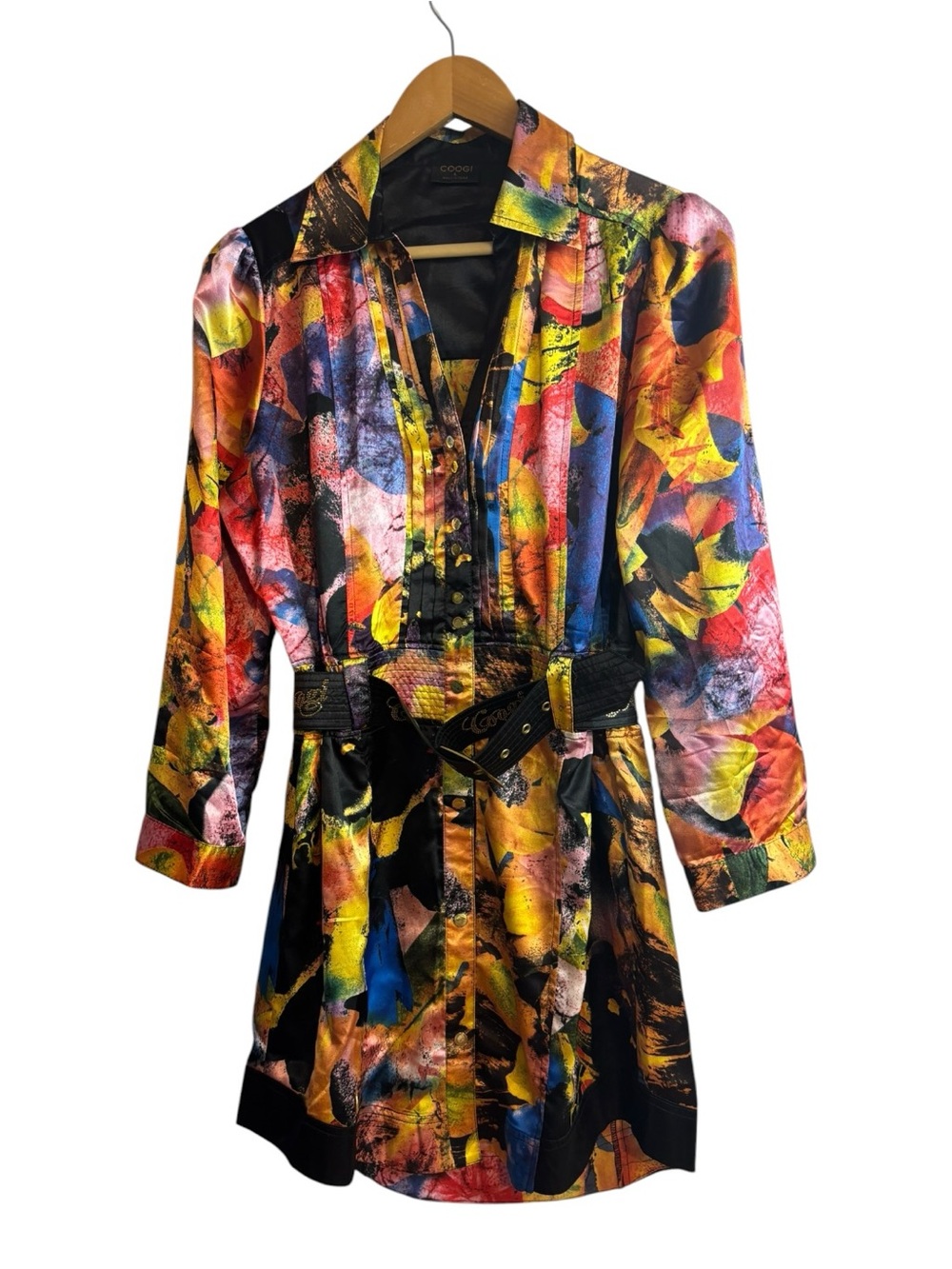 COOGI multicolored mini Shirt Dress Tunic belted Satin long sleeve Artsy Sz L